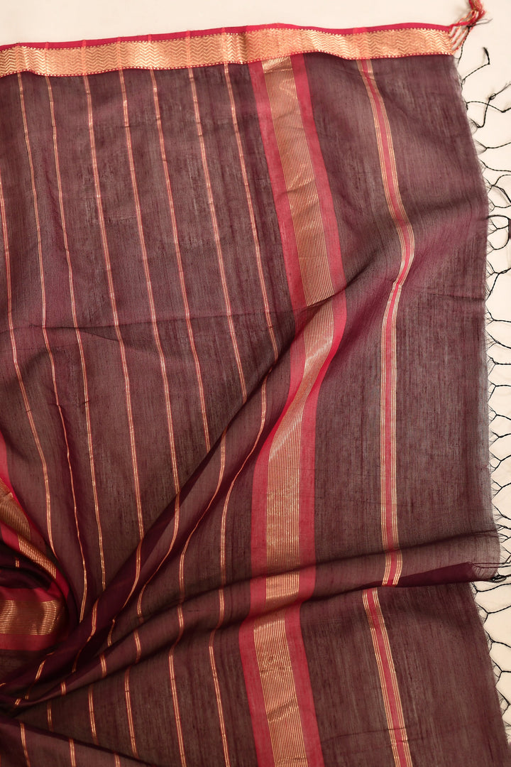 ZERESOUQ-Dark-Maroon-Maheshwari-Golden-Border-Stripes-Saree