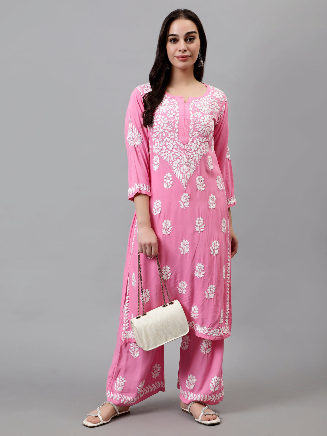 Dark-Pink-Rayon-Embroidered-Chikankari-Kurta-&-Palazzo-Set