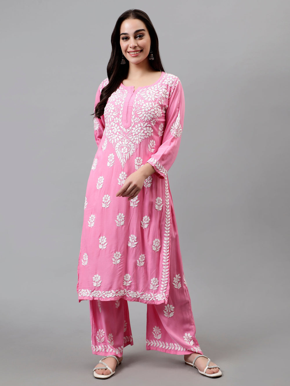 Dark-Pink-Rayon-Embroidered-Chikankari-Kurta-&-Palazzo-Set