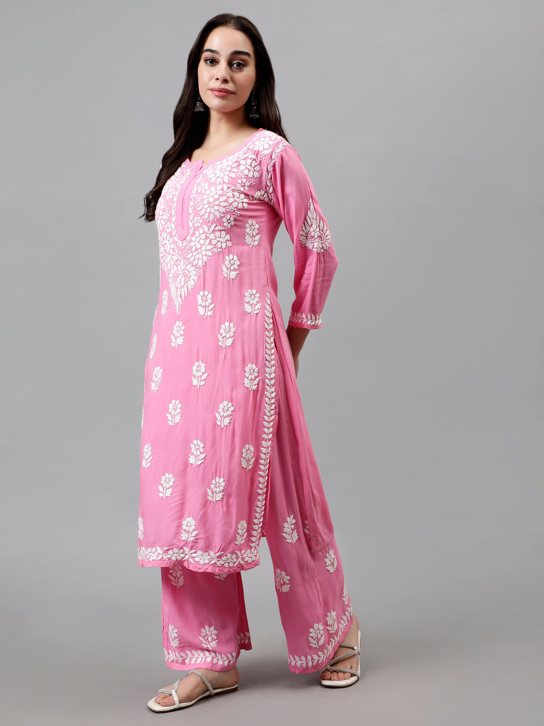 Dark-Pink-Rayon-Embroidered-Chikankari-Kurta-&-Palazzo-Set