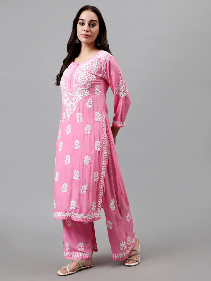 Dark-Pink-Rayon-Embroidered-Chikankari-Kurta-&-Palazzo-Set