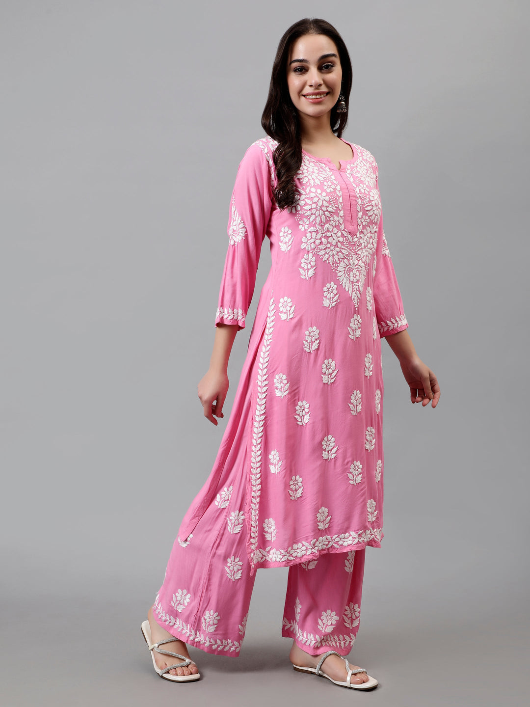 Dark-Pink-Rayon-Embroidered-Chikankari-Kurta-&-Palazzo-Set