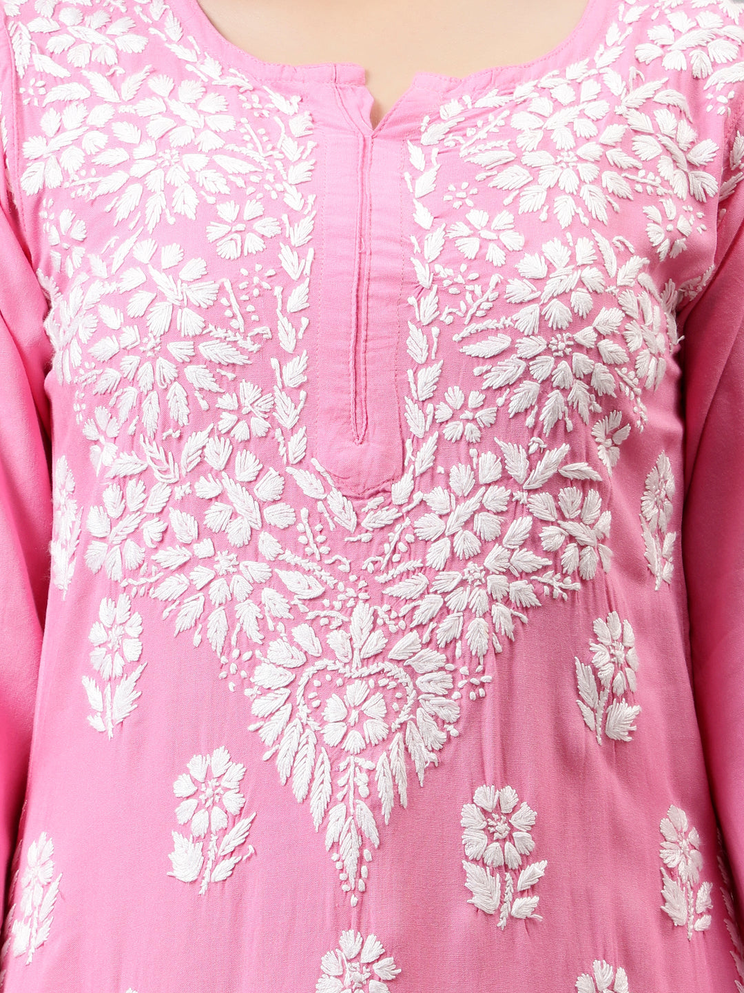 Dark-Pink-Rayon-Embroidered-Chikankari-Kurta-&-Palazzo-Set