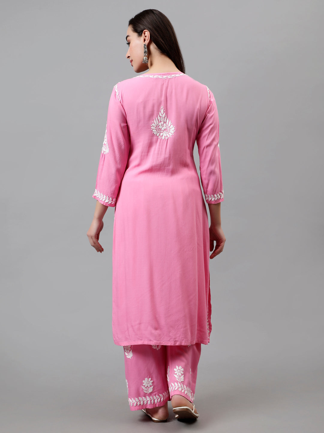 Dark-Pink-Rayon-Embroidered-Chikankari-Kurta-&-Palazzo-Set
