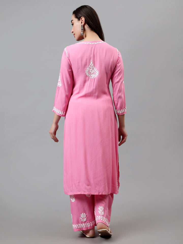 Dark-Pink-Rayon-Embroidered-Chikankari-Kurta-&-Palazzo-Set