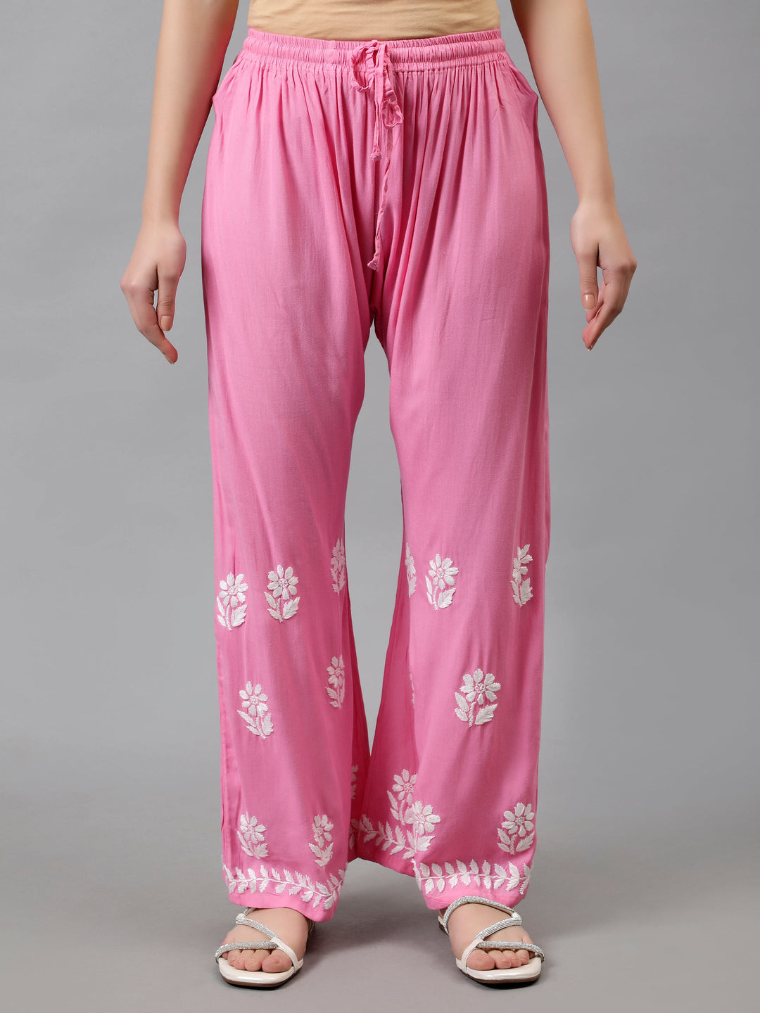 Dark-Pink-Rayon-Embroidered-Chikankari-Kurta-&-Palazzo-Set