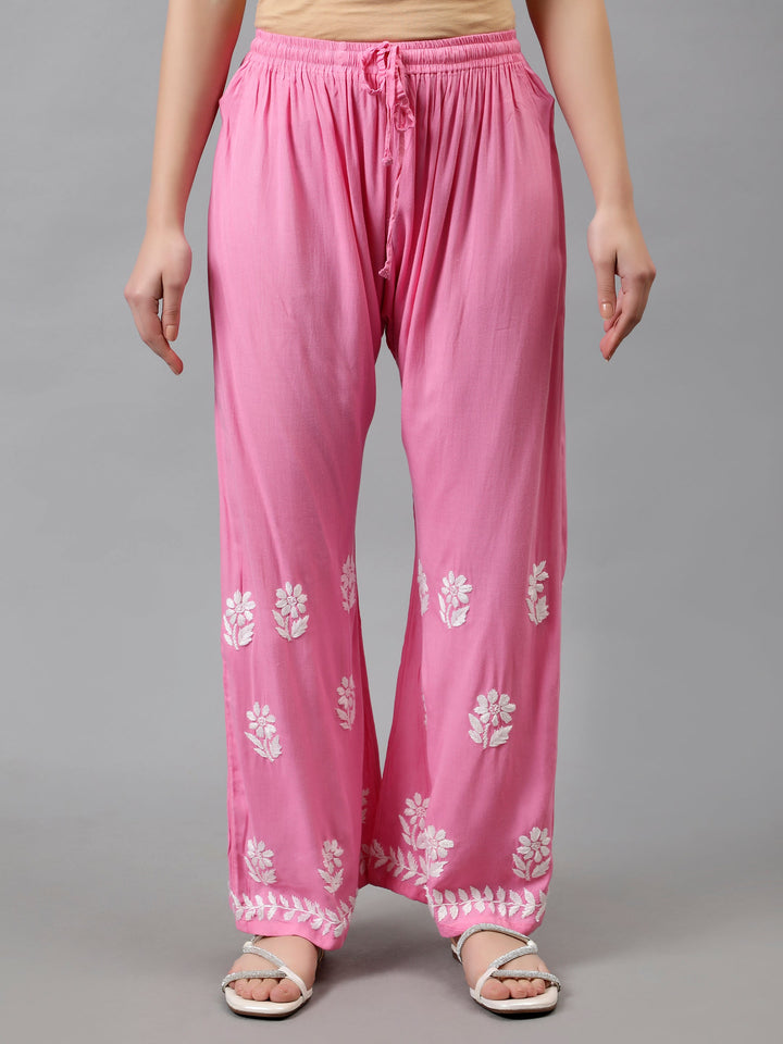 Dark-Pink-Rayon-Embroidered-Chikankari-Kurta-&-Palazzo-Set