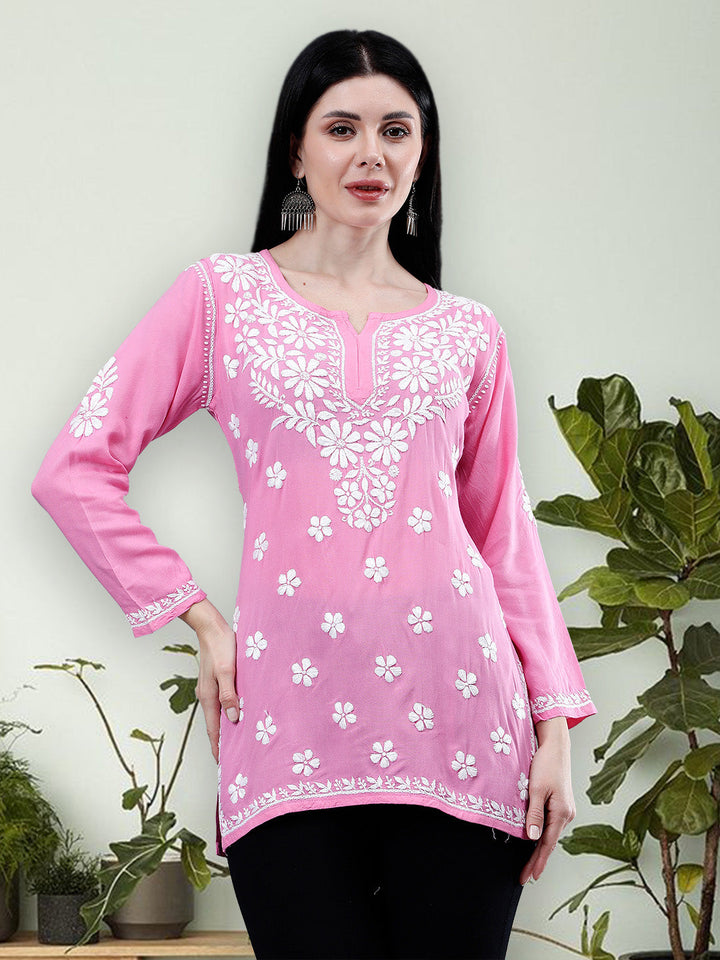 Dark-Pink-Rayon-Embroidered-Chikankari-Short-Tunic