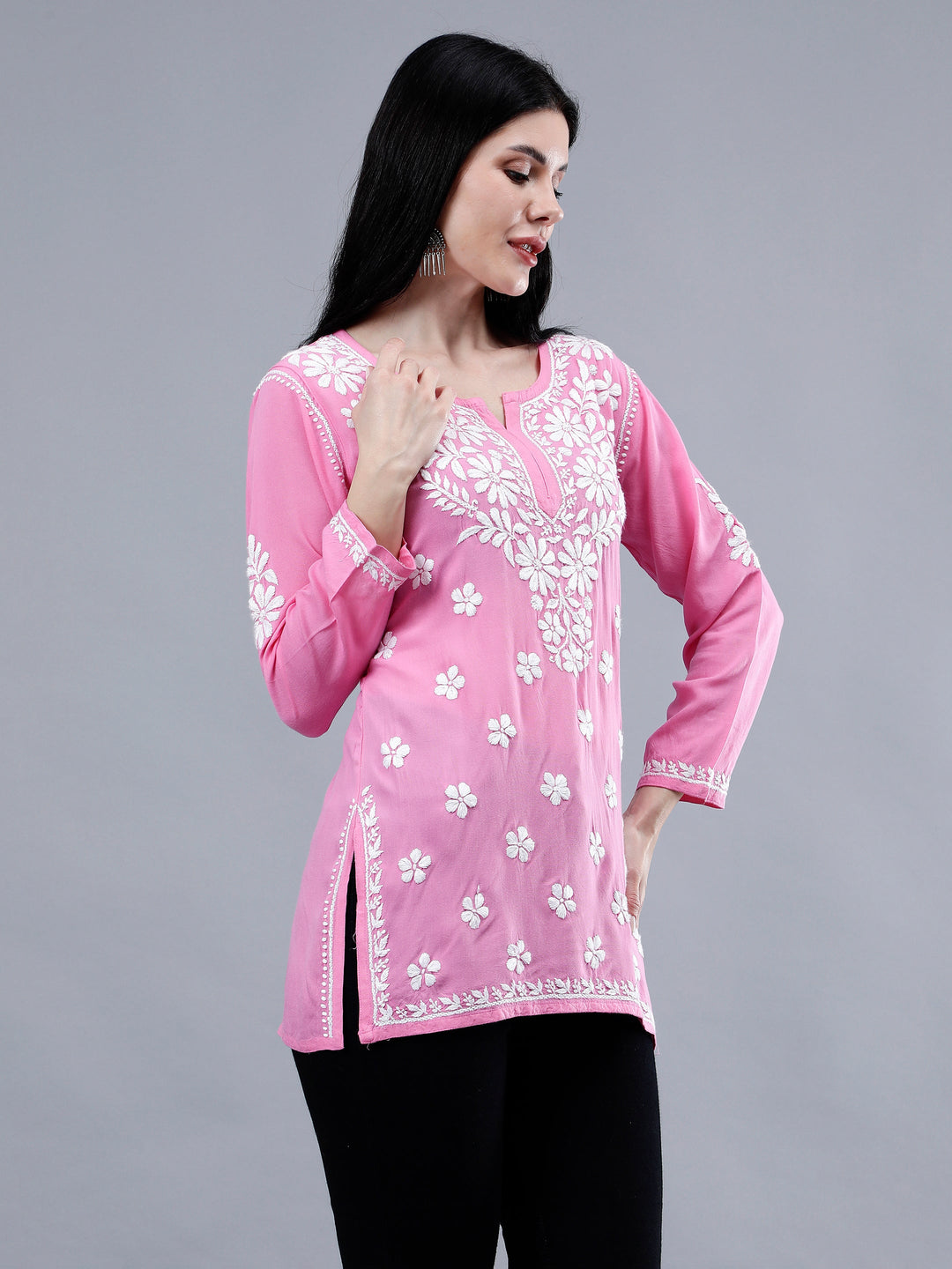 Dark-Pink-Rayon-Embroidered-Chikankari-Short-Tunic