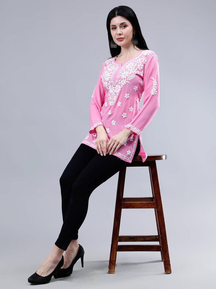 Dark-Pink-Rayon-Embroidered-Chikankari-Short-Tunic