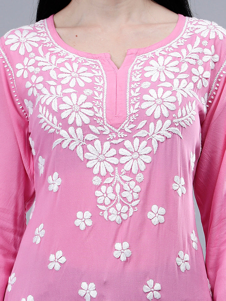 Dark-Pink-Rayon-Embroidered-Chikankari-Short-Tunic