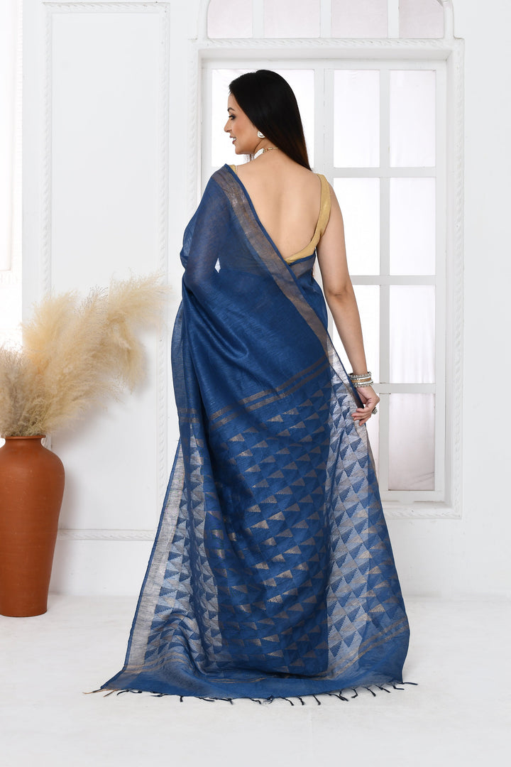 Dark-Blue-Tussar-Linen-Handloom-Saree-With-Woven-Zari-Pallu