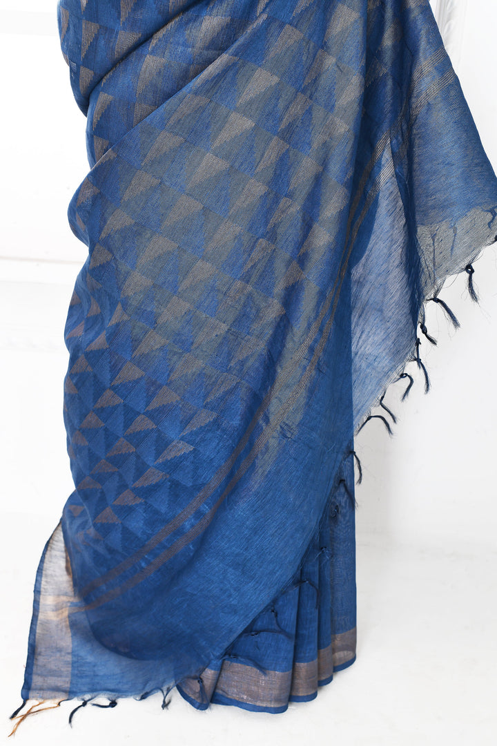Dark-Blue-Tussar-Linen-Handloom-Saree-With-Woven-Zari-Pallu
