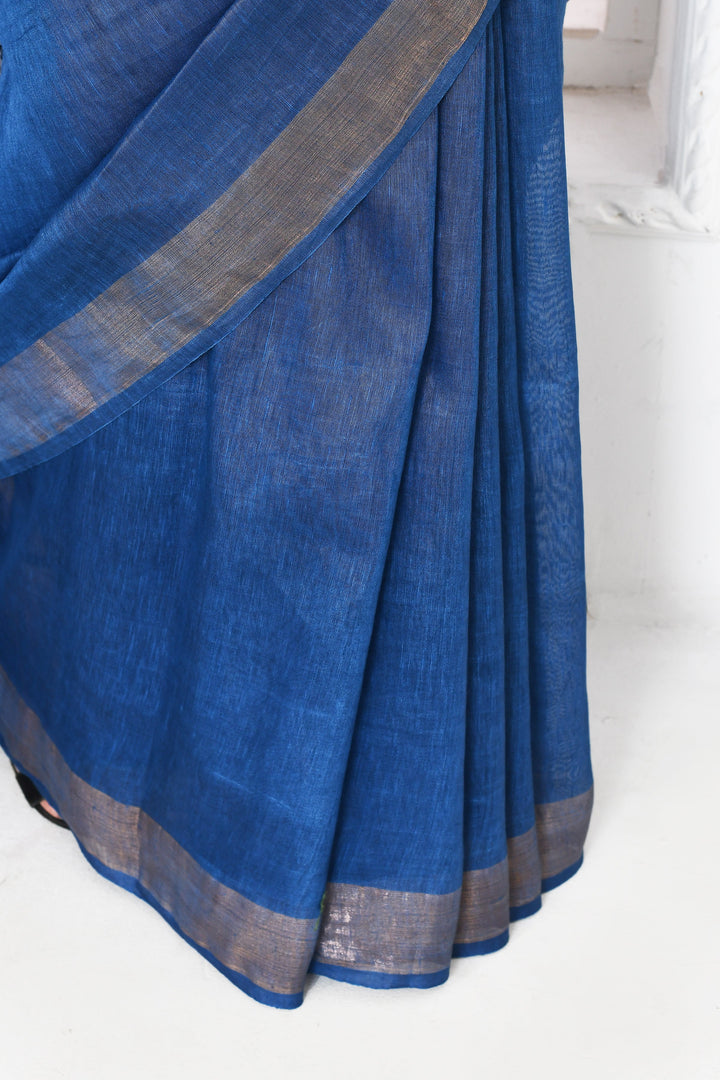 Dark-Blue-Tussar-Linen-Handloom-Saree-With-Woven-Zari-Pallu