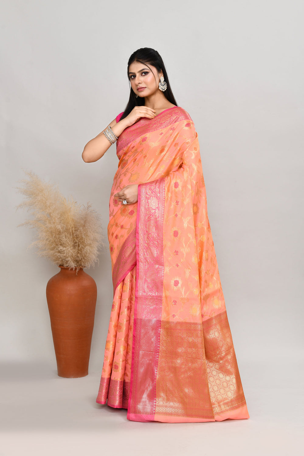 Dark-Peach-Semi-Silk-Banarasi-Zari-Work-Saree