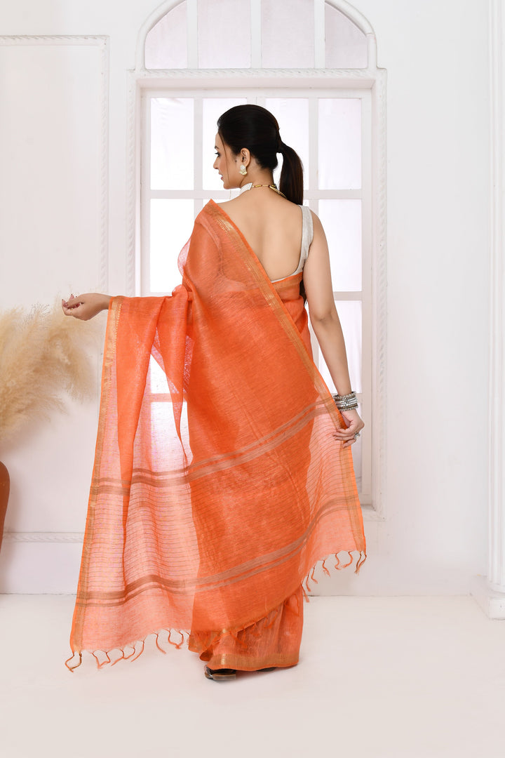 Dark-Peach-Tussar-Linen-Handloom-Saree-With-Embroidered-Blouse