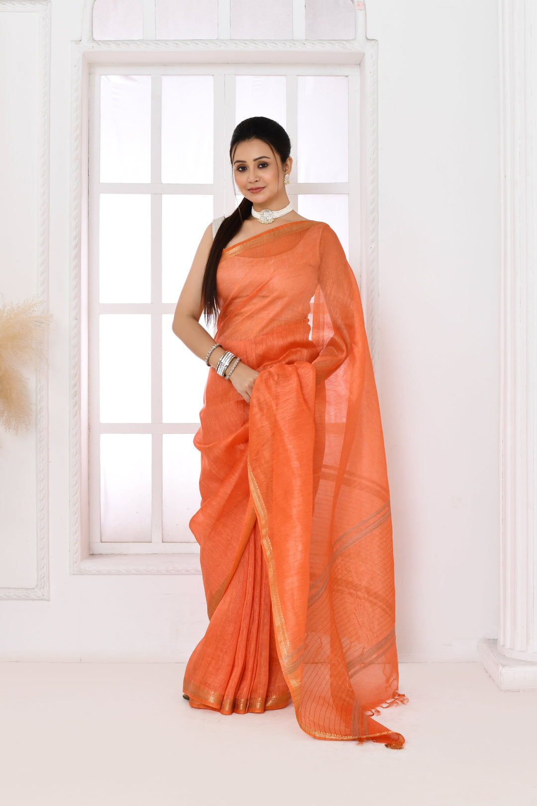 Dark-Peach-Tussar-Linen-Handloom-Saree-With-Embroidered-Blouse