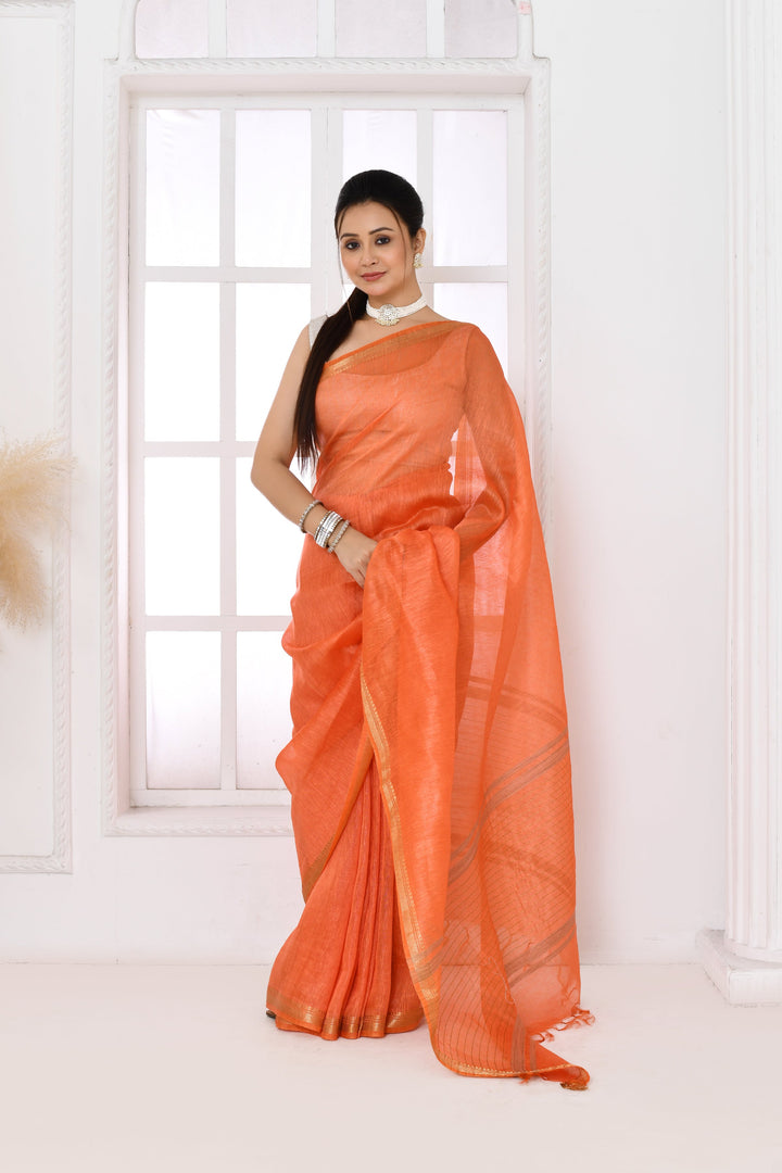 Dark-Peach-Tussar-Linen-Handloom-Saree-With-Embroidered-Blouse