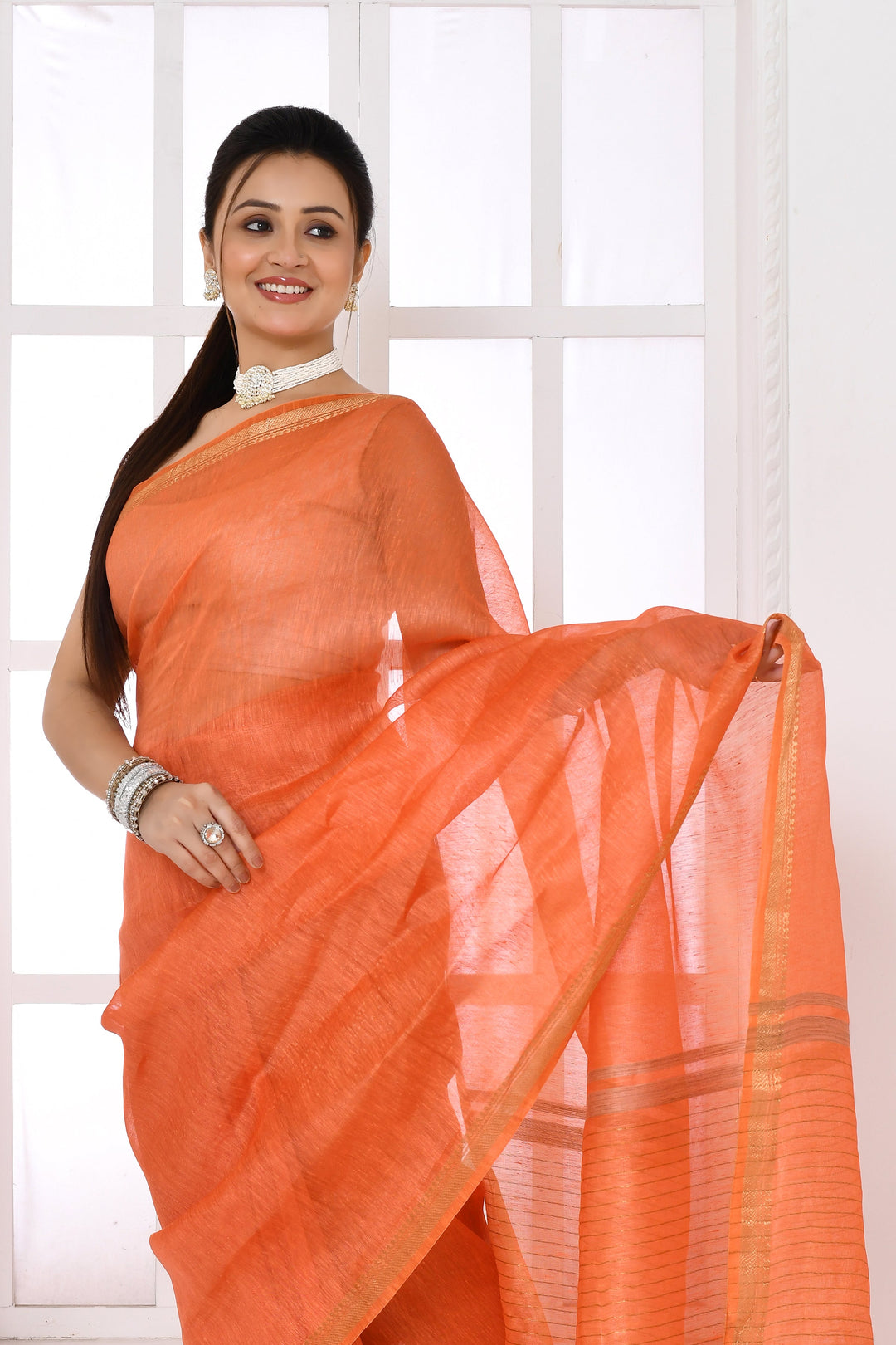 Dark-Peach-Tussar-Linen-Handloom-Saree-With-Embroidered-Blouse