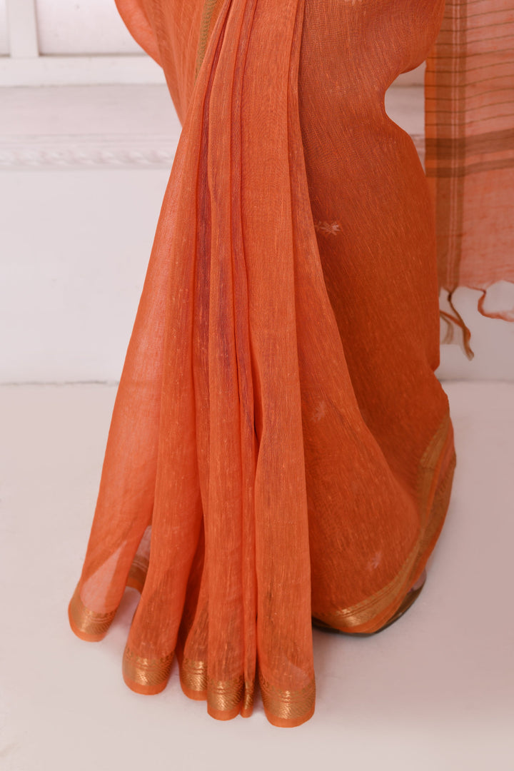 Dark-Peach-Tussar-Linen-Handloom-Saree-With-Embroidered-Blouse