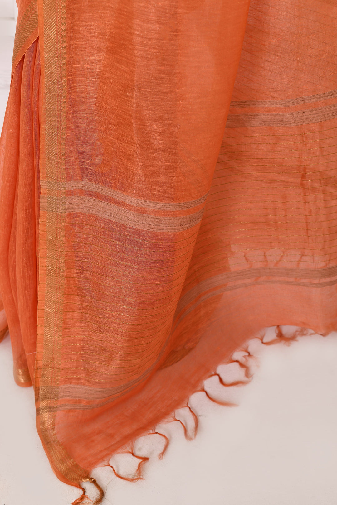 Dark-Peach-Tussar-Linen-Handloom-Saree-With-Embroidered-Blouse
