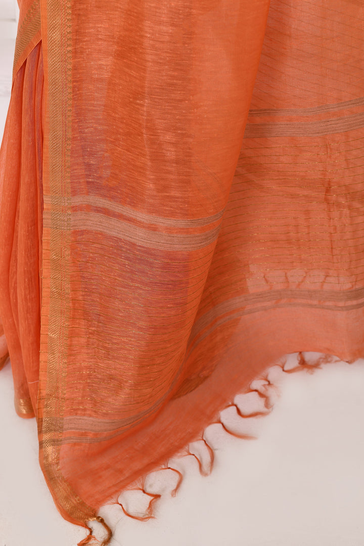 Dark-Peach-Tussar-Linen-Handloom-Saree-With-Embroidered-Blouse