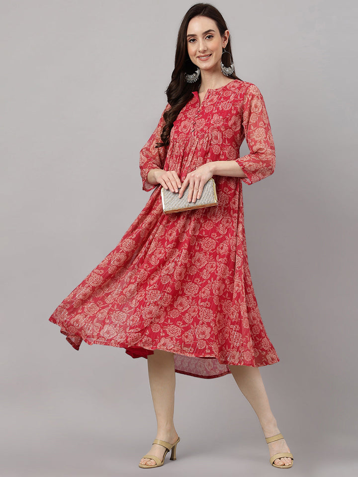 Dark Pink Chiffon Lurex Floral Print Flared Kurta