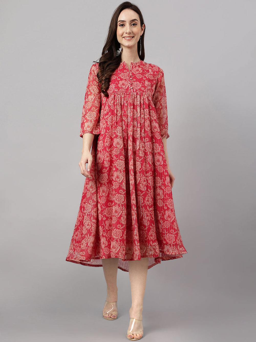 Dark Pink Chiffon Lurex Floral Print Flared Kurta
