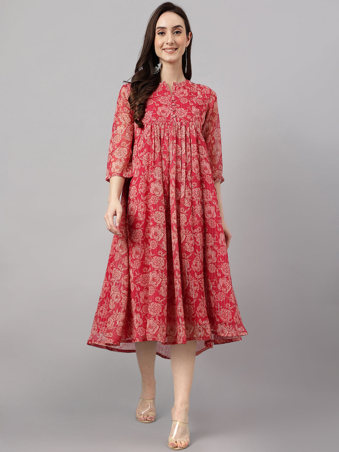 Dark Pink Chiffon Lurex Floral Print Flared Kurta