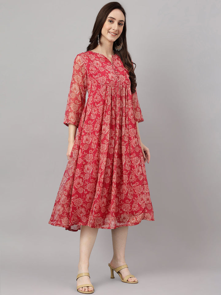 Dark Pink Chiffon Lurex Floral Print Flared Kurta