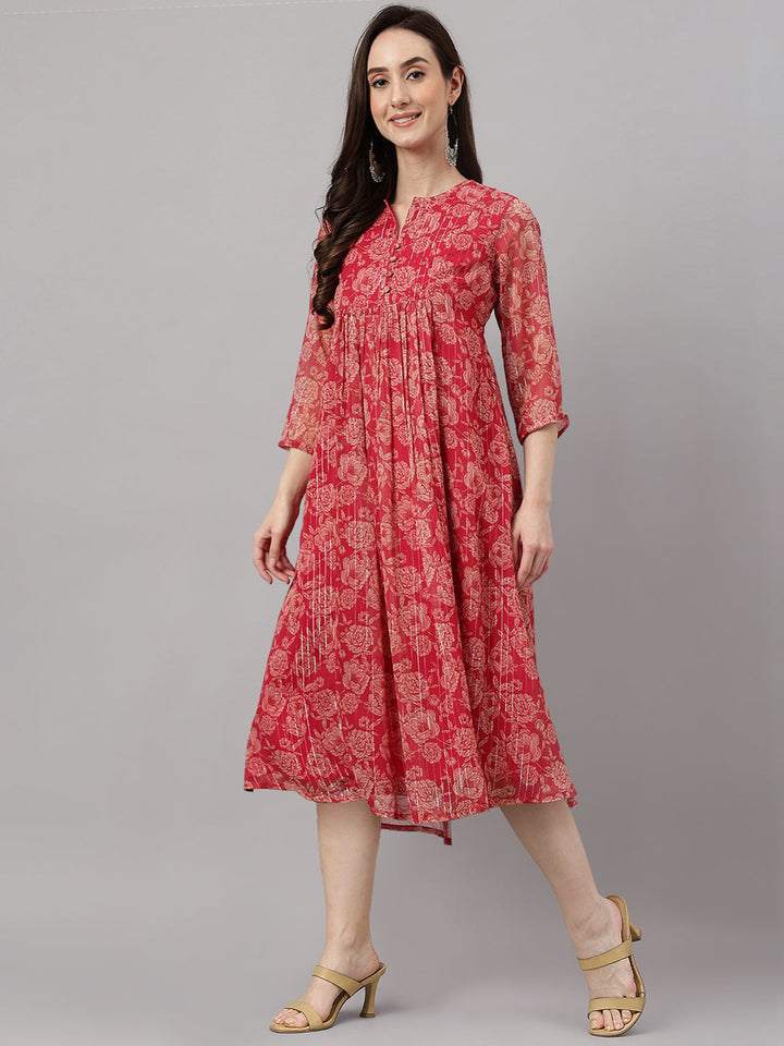 Dark Pink Chiffon Lurex Floral Print Flared Kurta