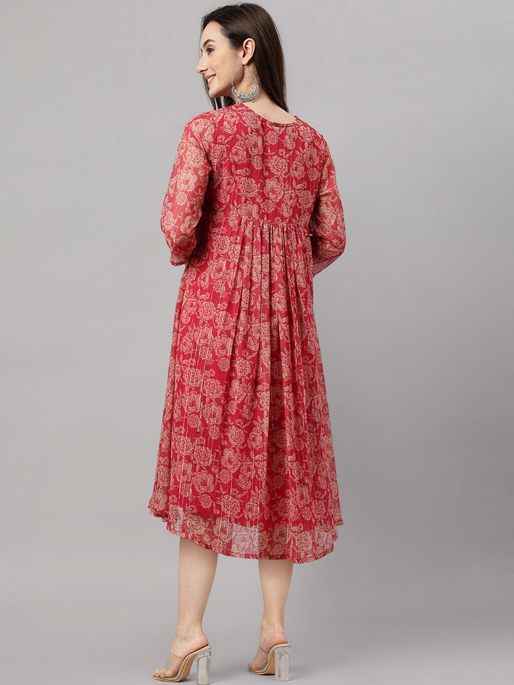 Dark Pink Chiffon Lurex Floral Print Flared Kurta