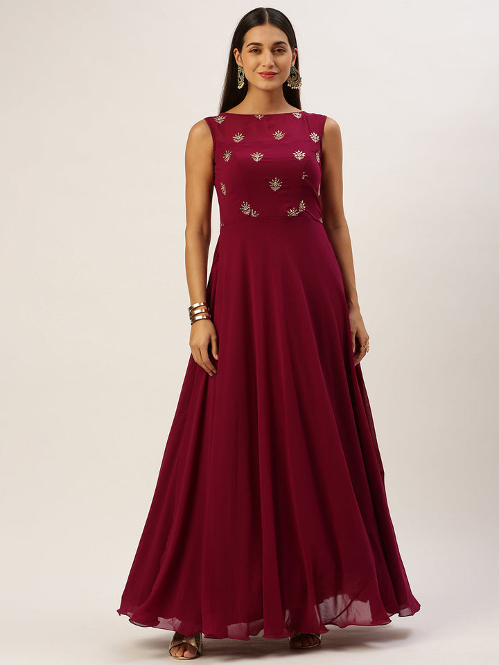 Deep Magenta Georgette Embroidered Boat Neck Gown