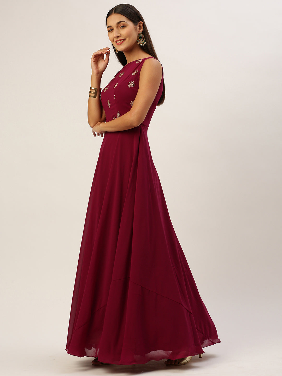 Deep Magenta Georgette Embroidered Boat Neck Gown