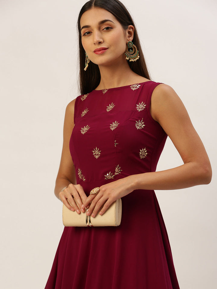 Deep Magenta Georgette Embroidered Boat Neck Gown