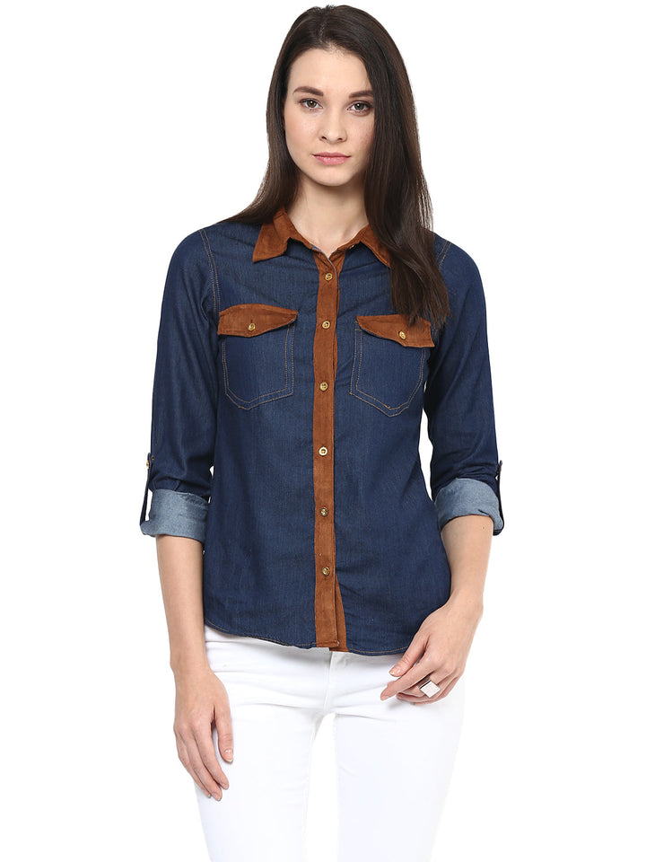 Denim-Cotton-Suede-Trims-Shirt-