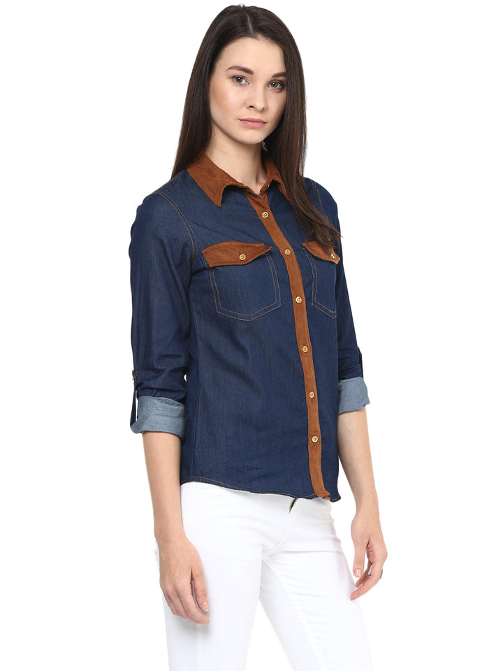 Denim-Cotton-Suede-Trims-Shirt-