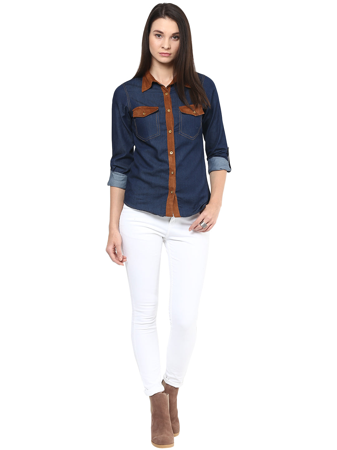 Denim-Cotton-Suede-Trims-Shirt-