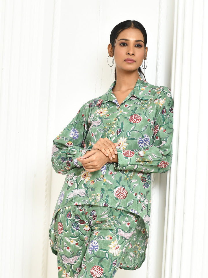 ZERESOUQ-Dhanvi-Green-Cotton-Handprinted-Shirt