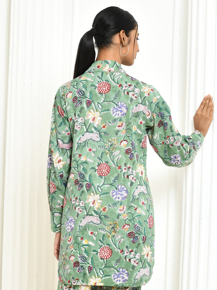 ZERESOUQ-Dhanvi-Green-Cotton-Handprinted-Shirt