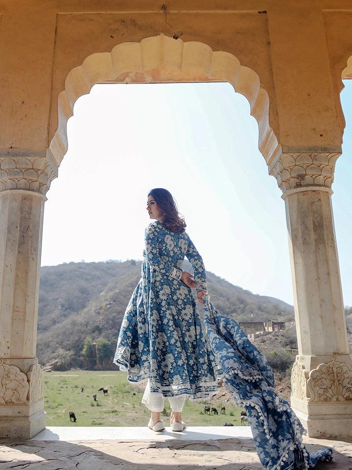 Indigo-Blue-Cotton-3-Piece-Anarkali-Set