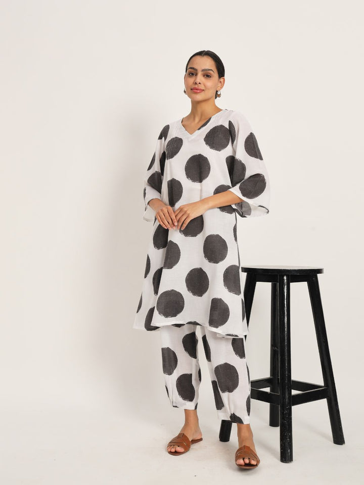 Dots-&-Dashes-Black-&-White-Cotton-Blend-A-Line-Co-Ord-Set