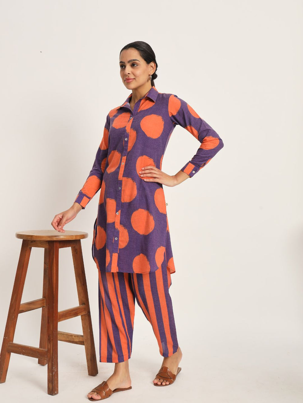 Dots-&-Dashes-Orange-&-Purple-Cotton-Blend-Straight-Co-Ord-Set