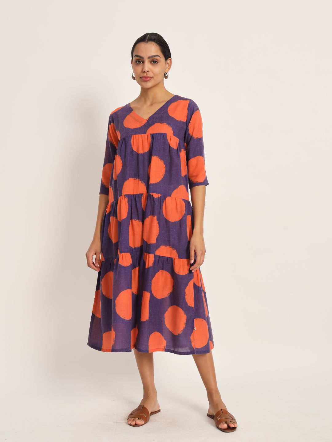 Dots-&-Dashes-Orange-&-Purple-Cotton-Blend-Tiered-Dress