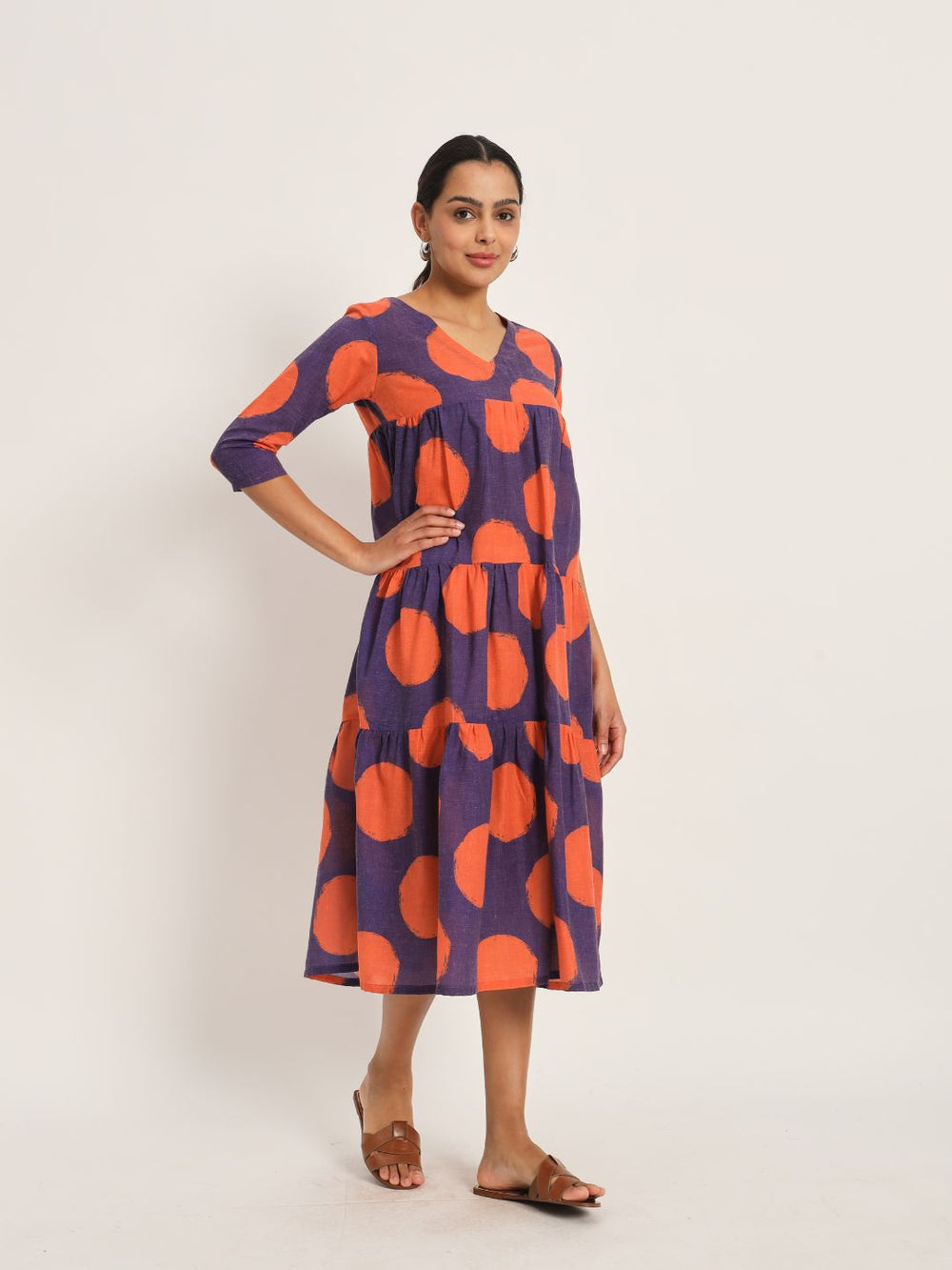 Dots-&-Dashes-Orange-&-Purple-Cotton-Blend-Tiered-Dress