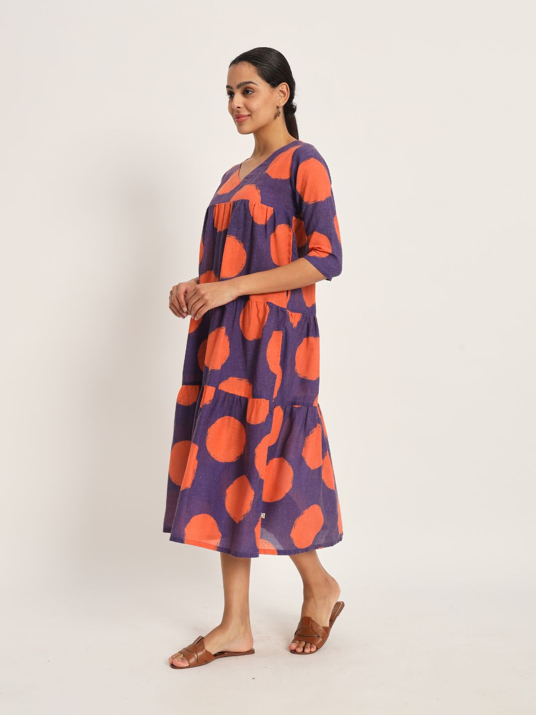 Dots-&-Dashes-Orange-&-Purple-Cotton-Blend-Tiered-Dress