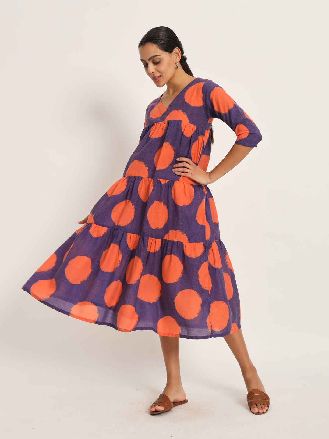 Dots-&-Dashes-Orange-&-Purple-Cotton-Blend-Tiered-Dress