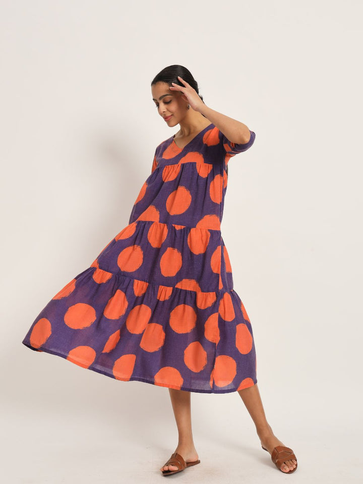 Dots-&-Dashes-Orange-&-Purple-Cotton-Blend-Tiered-Dress