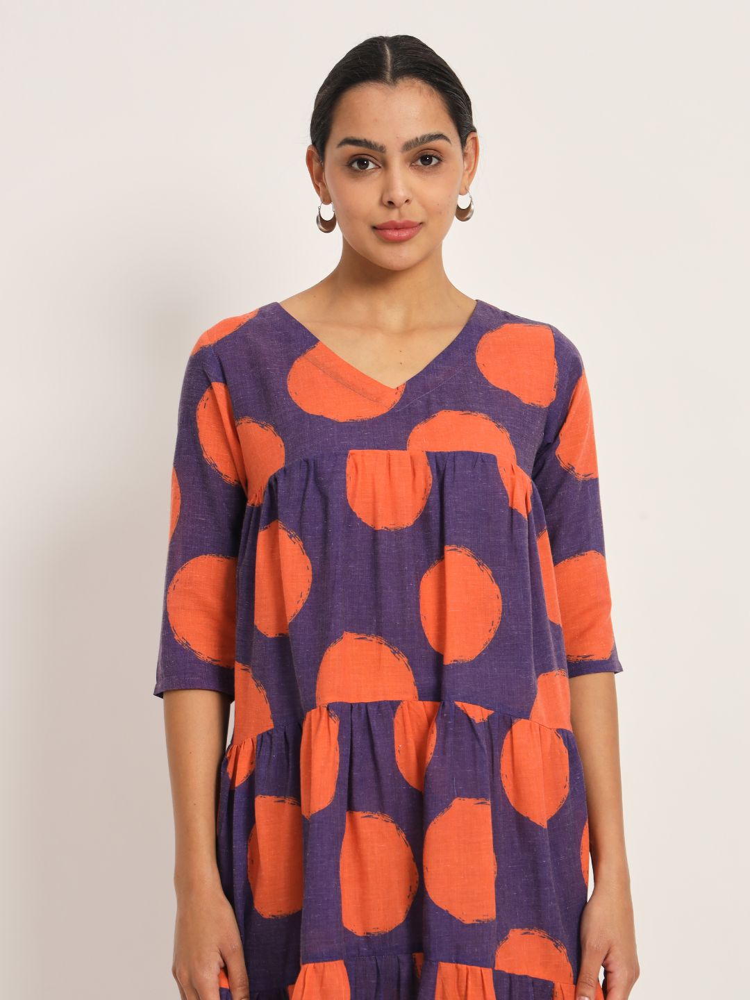 Dots-&-Dashes-Orange-&-Purple-Cotton-Blend-Tiered-Dress