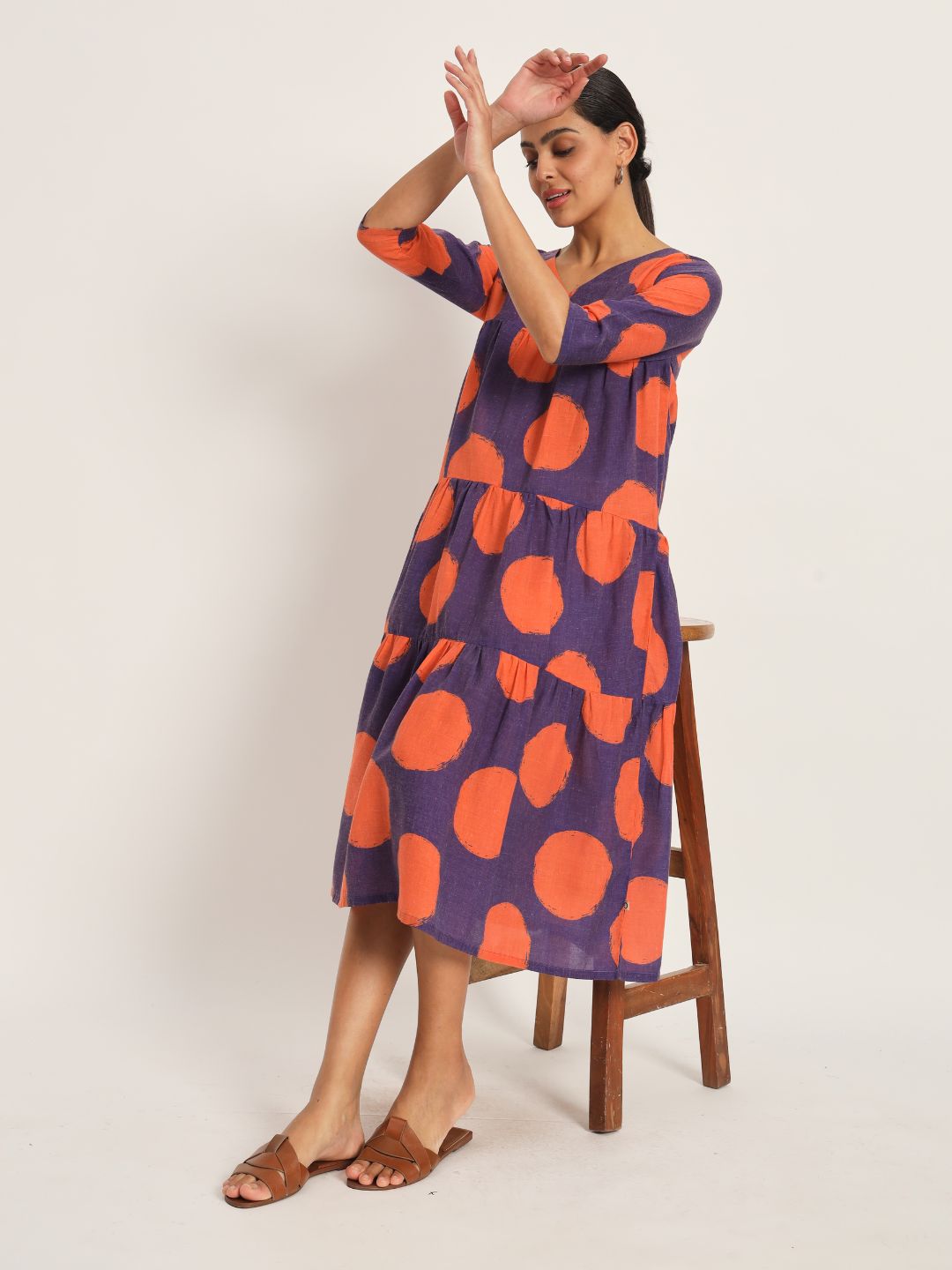 Dots-&-Dashes-Orange-&-Purple-Cotton-Blend-Tiered-Dress